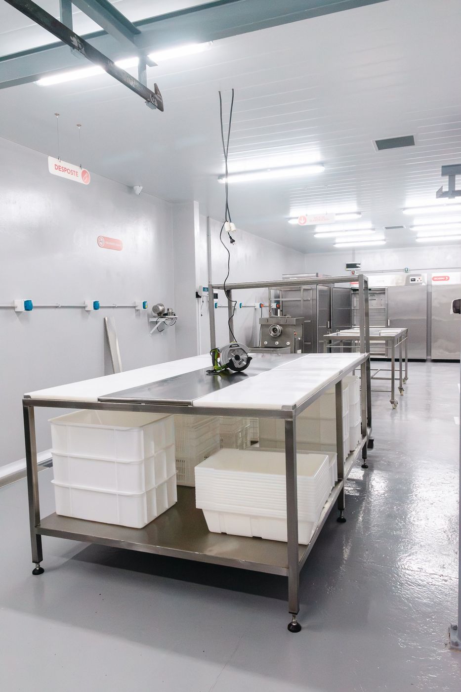 Sala de elaboración de Chacinados El Pato con mesas de acero y cajones blancos